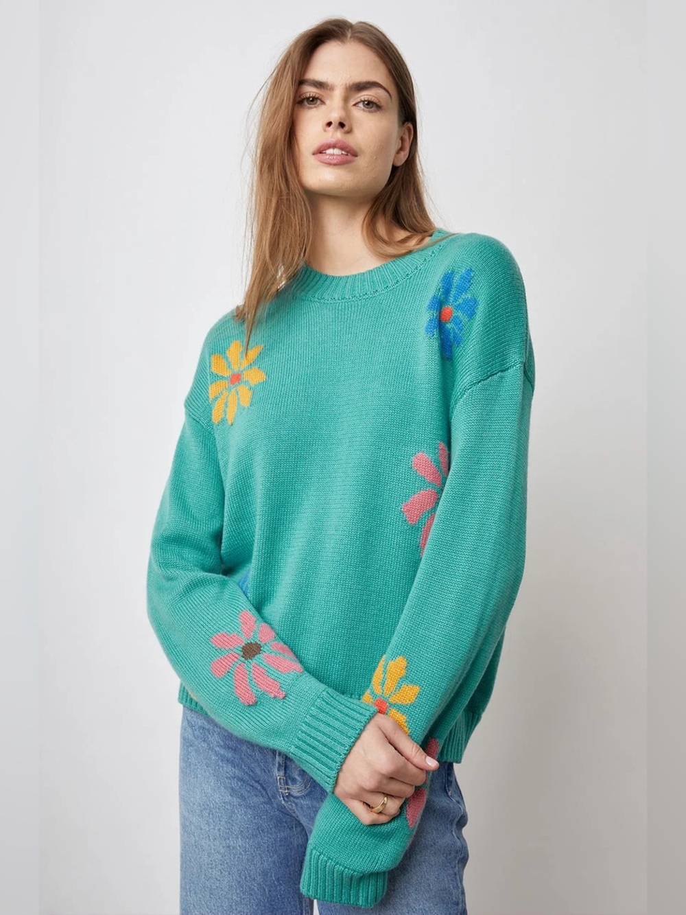 Rails Zoey Pullover Knit Long Sleeve Crewneck Sweater Multi Flowers Teal Medium